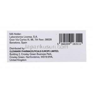 プレバシドジェネリック, ランソプラゾール 30mg カプセル,箱側面,製造元:Glenmark Pharmaceuticals